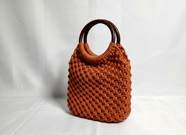 Handcrafted Macramé Handbag with Wooden Handles - Terracotta