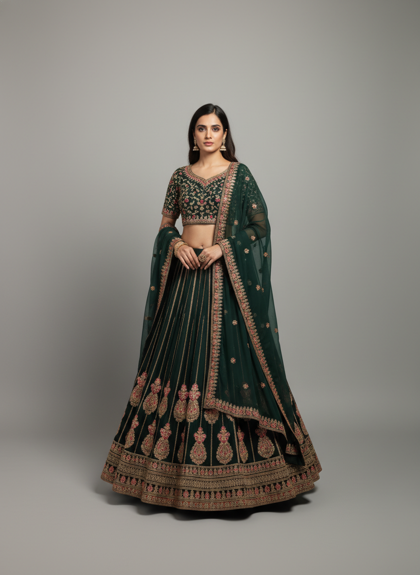 Aadhya Emerald Green Embroidered Designer Lehenga Set with Net Dupatta