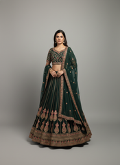 Aadhya Emerald Green Embroidered Designer Lehenga Set with Net Dupatta