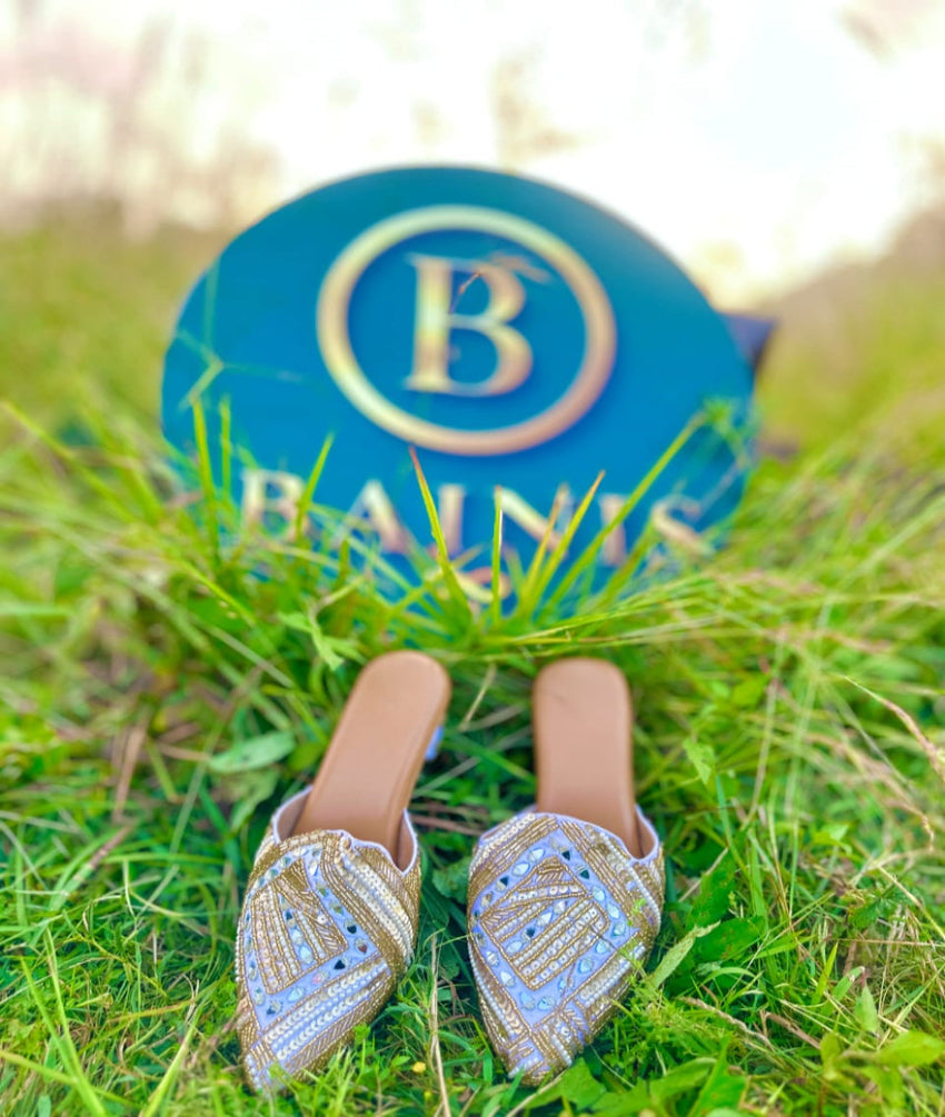 Aaina Hand-Embellished Mirror & Gold Grid Block Heels