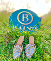 Aaina Hand-Embellished Mirror & Gold Grid Block Heels