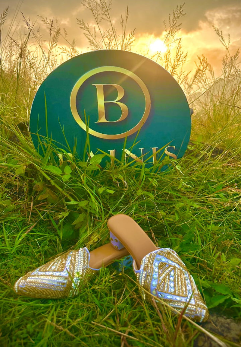 Aaina Hand-Embellished Mirror & Gold Grid Block Heels