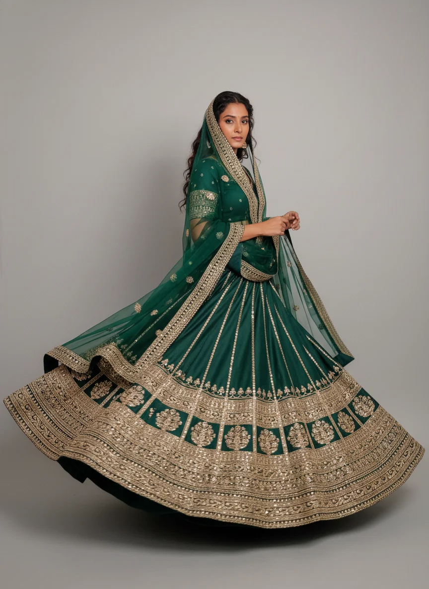 Aarohi Emerald Green Embroidered Designer Lehenga Set with Net Dupatta