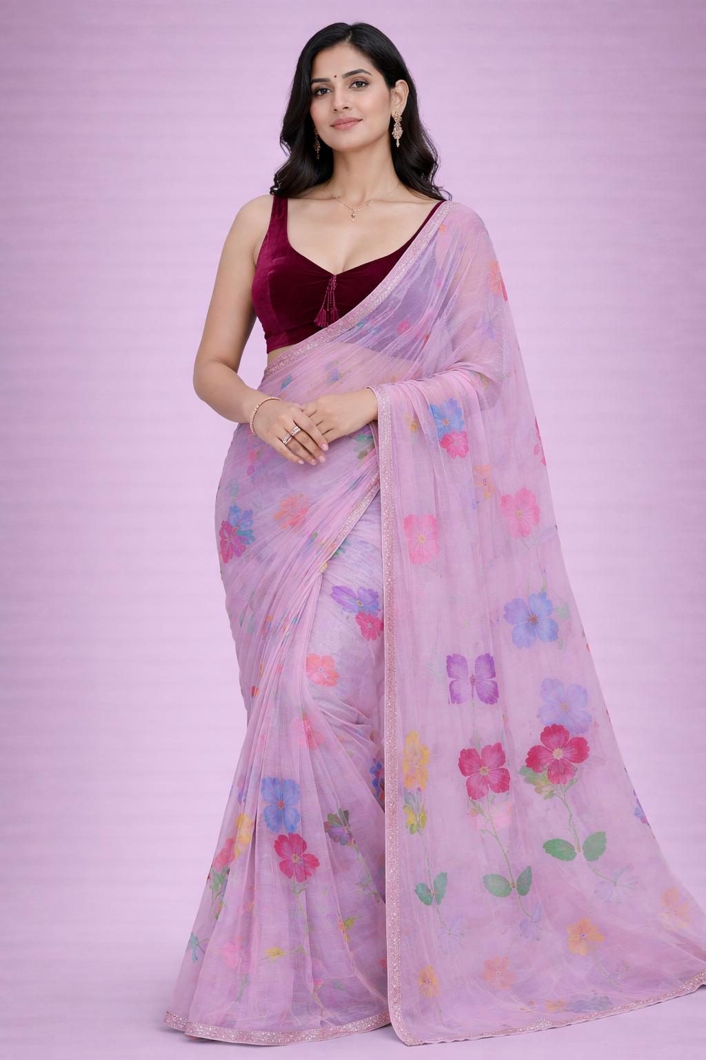 Avani Lilac Floral Organza Saree with Stitched Maroon Blouse
