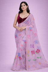Avani Lilac Floral Organza Saree with Stitched Maroon Blouse