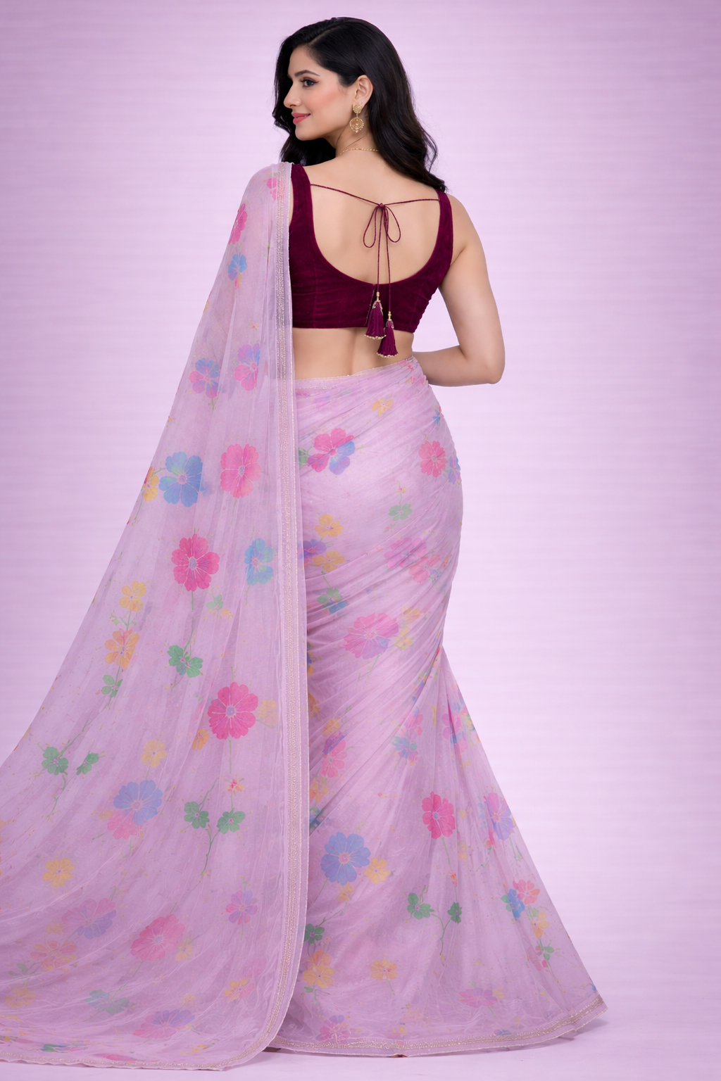 Siya Off-White Floral Organza Saree with Unstitched Pink Blouse Piece