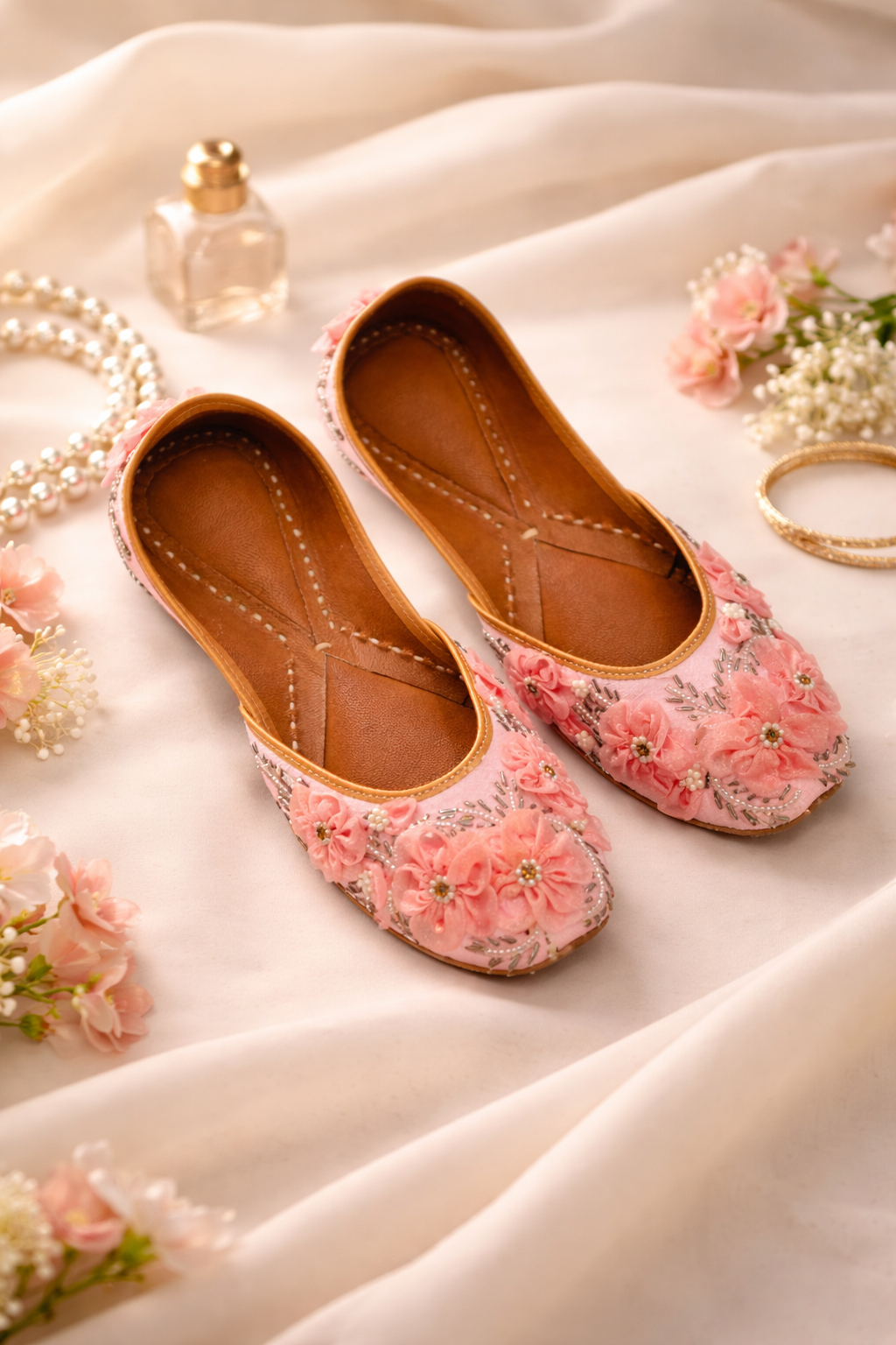 Bahaar Hand-Embellished Pastel Pink 3D Floral Juttis