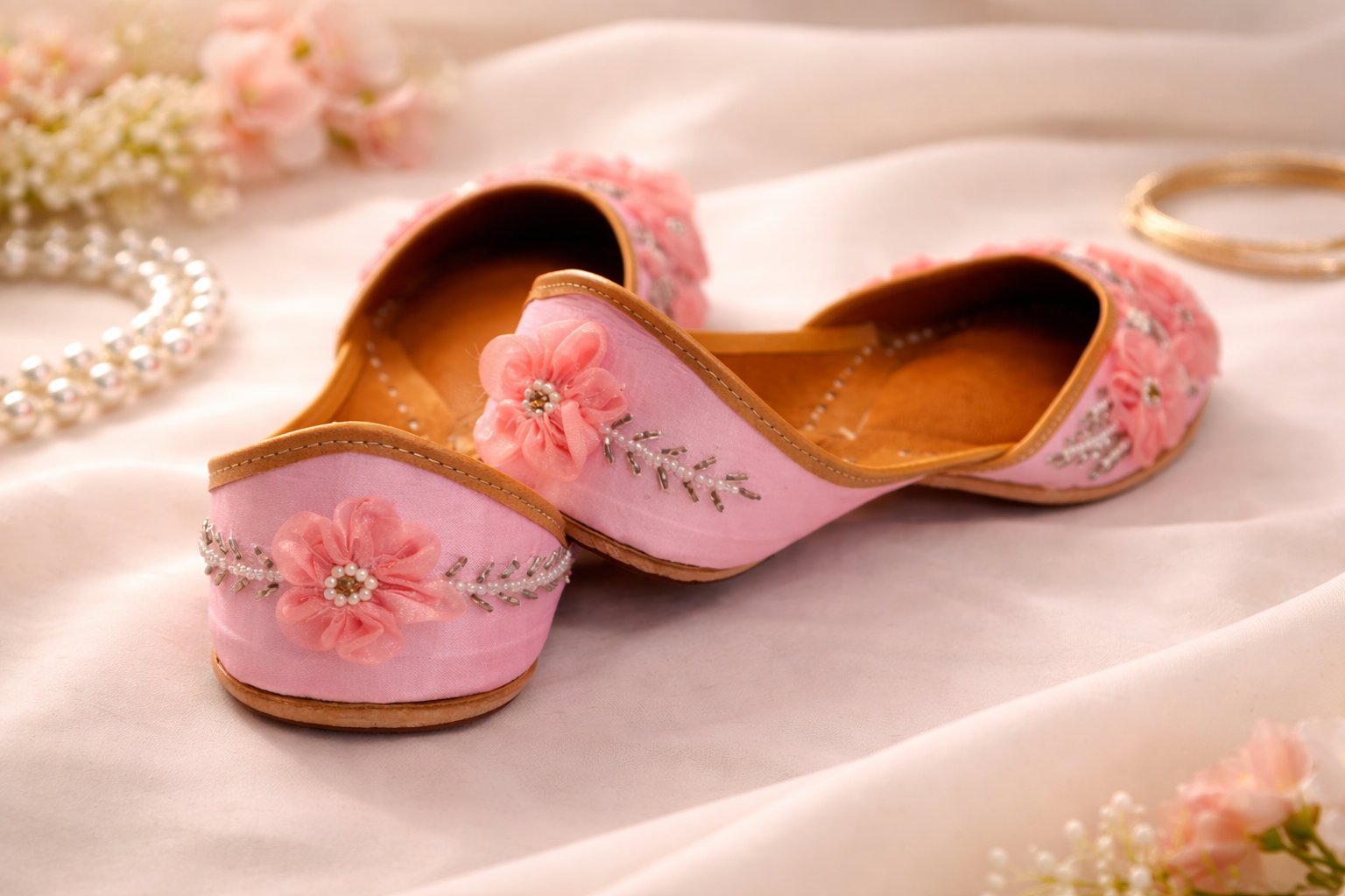 Bahaar Hand-Embellished Pastel Pink 3D Floral Juttis