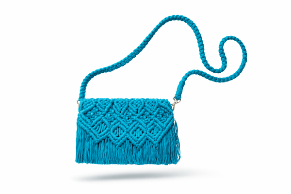Handcrafted Macramé Crossbody Bag with Fringe - Turquoise
