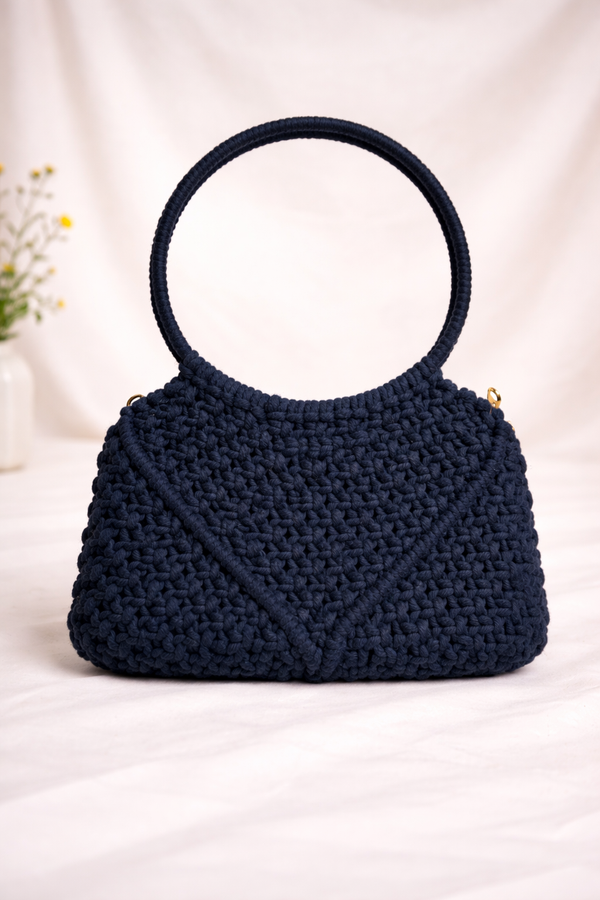 Handcrafted Macramé Handbag with Circular Handle - Navy Blue