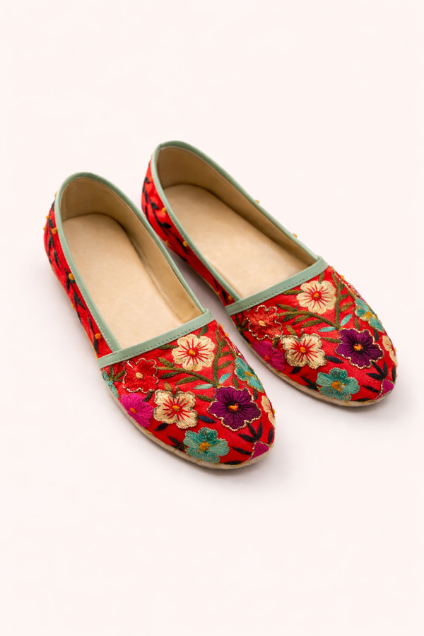 Red Multicolor Floral Embroidered Ballet Flats with Sage Trim