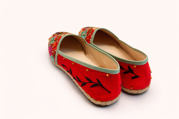Red Multicolor Floral Embroidered Ballet Flats with Sage Trim