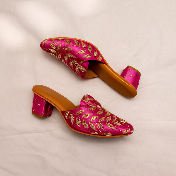 Fuchsia Leaf Embroidered Block Heel Mules