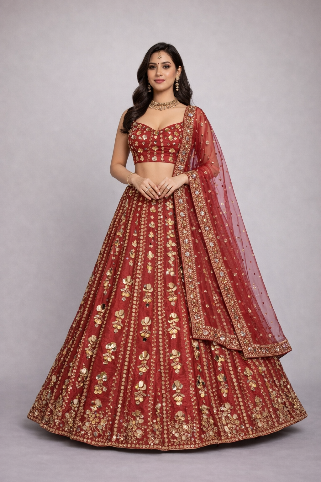 Rust Red & Gold Embroidered Bridal Lehenga Set