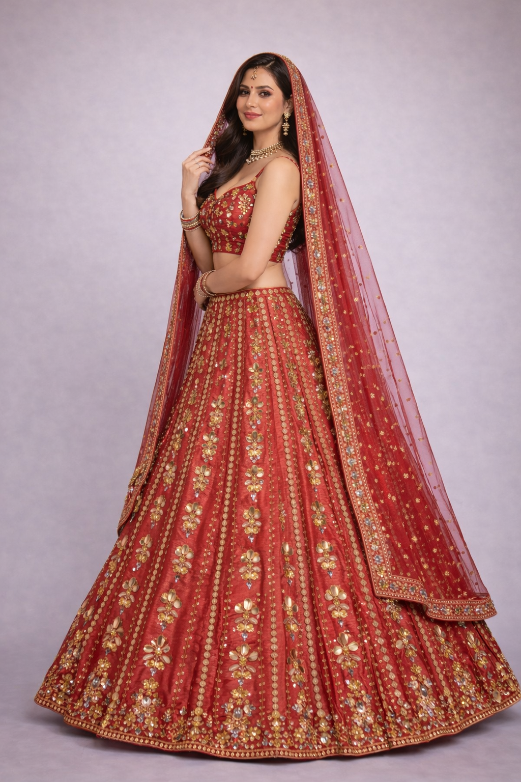 Rust Red & Gold Embroidered Bridal Lehenga Set