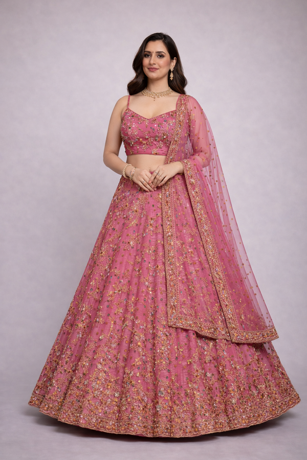 Rose Pink & Gold Embroidered Bridal Lehenga Set