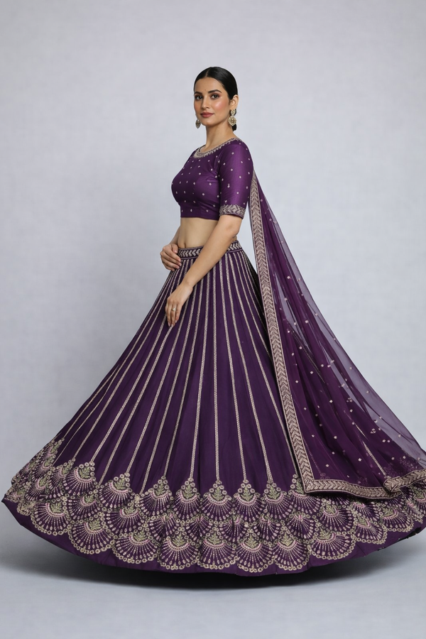 Royal Purple & Silver Embroidered Bridal Lehenga Set