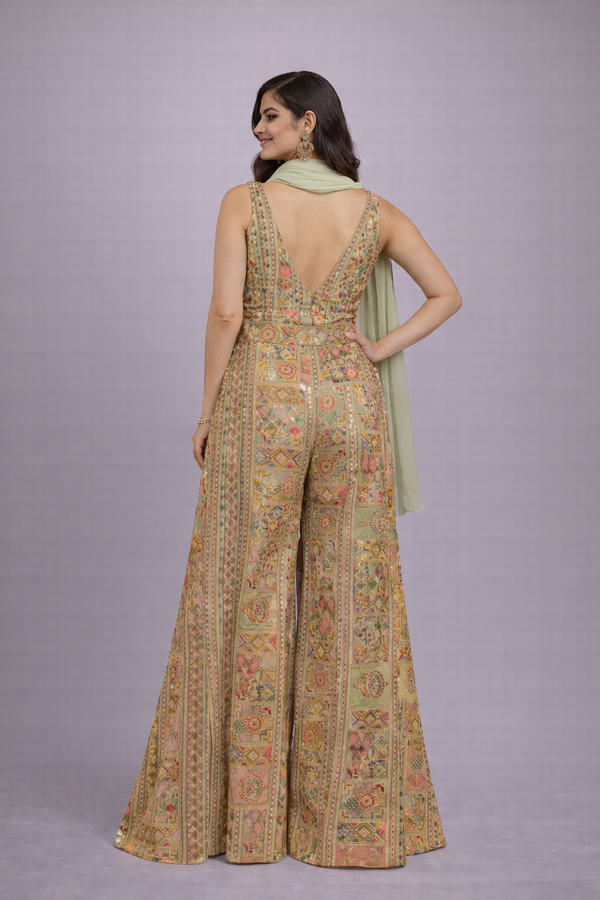Champagne Gold & Sage Green Embroidered Palazzo Suit with Dupatta