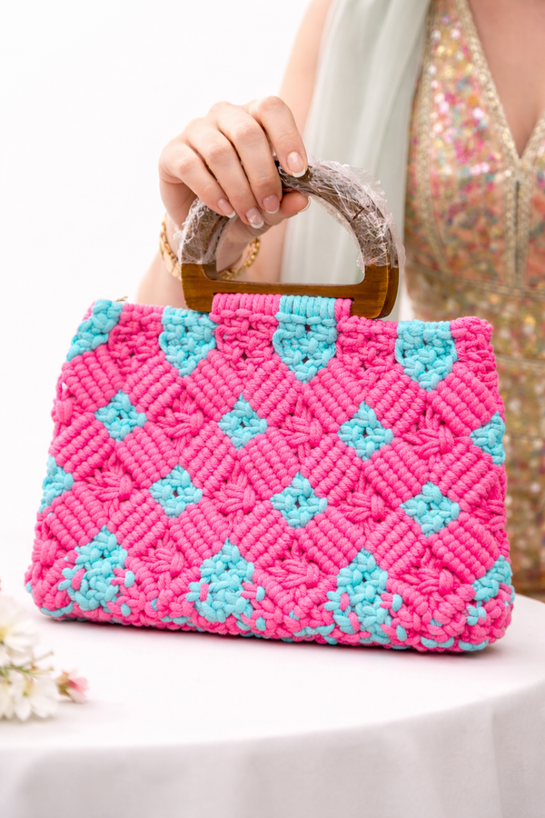 Handcrafted Macramé Bag with Wooden Handle - Pink & Turquoise