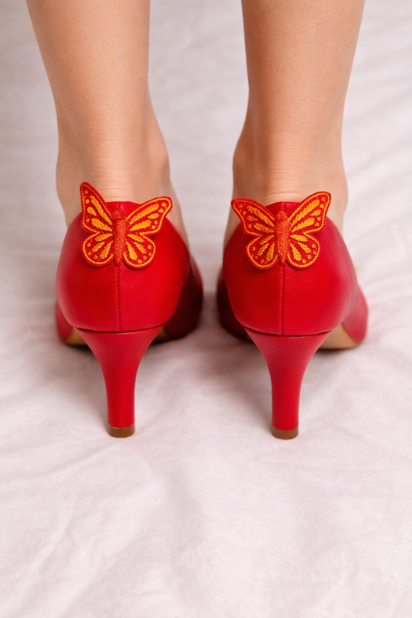 Red Butterfly Embroidered Kitten Heels