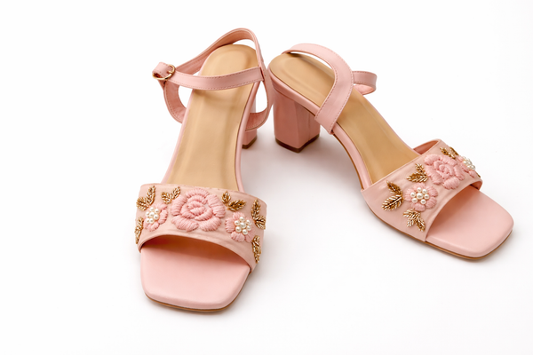 Blush Pink Floral Embroidered Block Heel Sandals