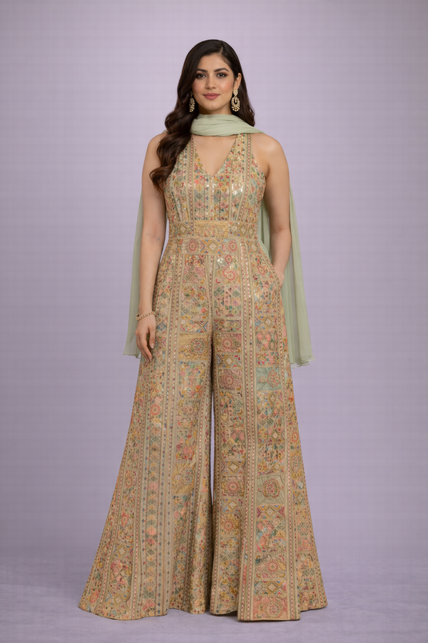 Champagne Gold & Sage Green Embroidered Palazzo Suit with Dupatta