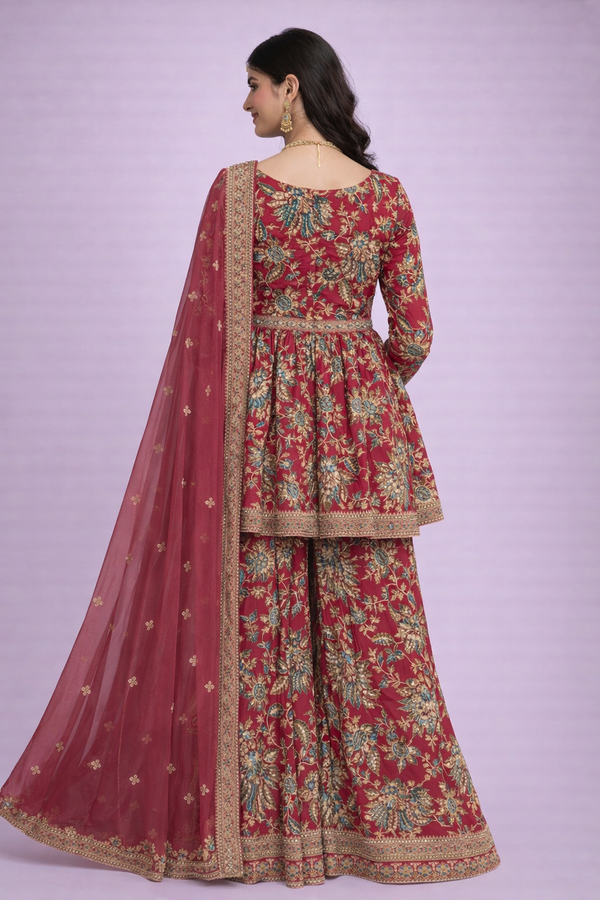 Maroon & Gold Floral Embroidered Sharara Set with Peplum Top
