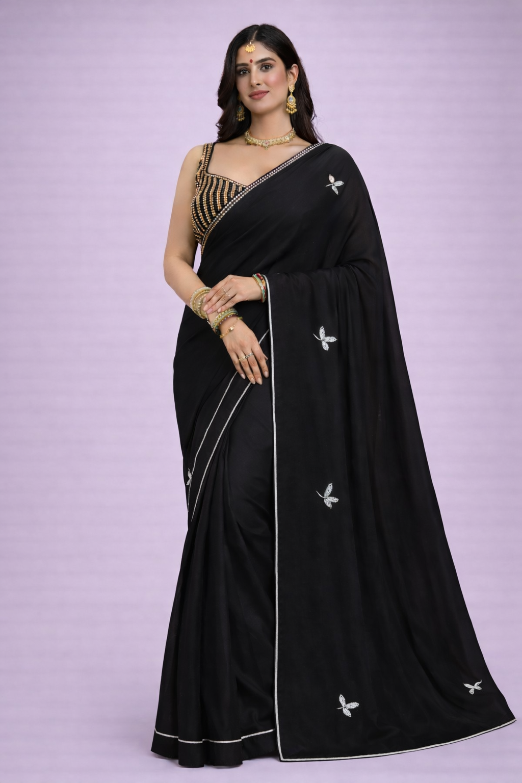 Black & Gold Embroidered Saree with Striped Designer Blouse