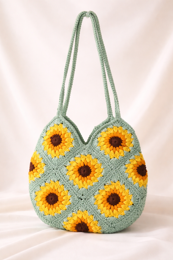 Handcrafted Sunflower Crochet Bag - Sage Green Tote