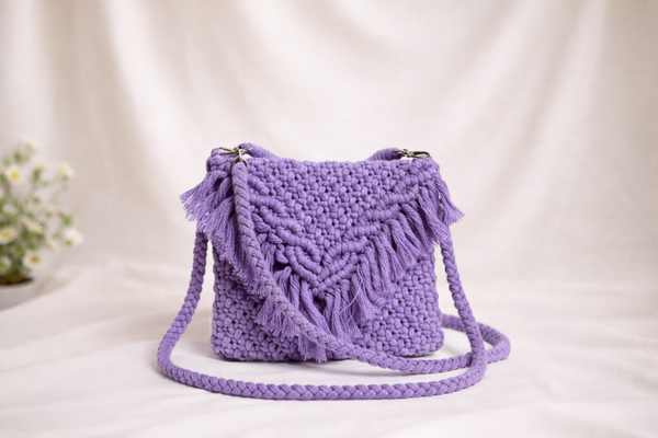 Handcrafted Crochet Crossbody Bag with Fringe - Lavender
