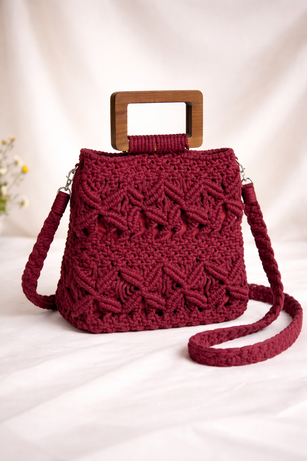 Handcrafted Macramé Bag with Wooden Handle - Deep Burgundy