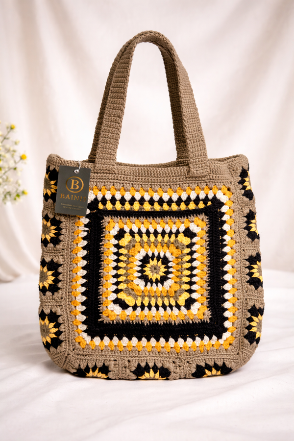 Handcrafted Sunflower Granny Square Tote - Beige, Black & Gold