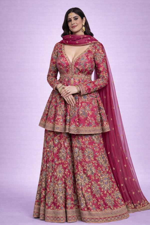 Maroon & Gold Floral Embroidered Sharara Set with Peplum Top