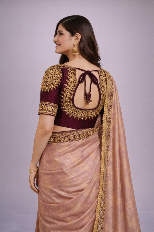Blush Pink & Maroon Gold Embroidered Silk Saree with Designer Blouse