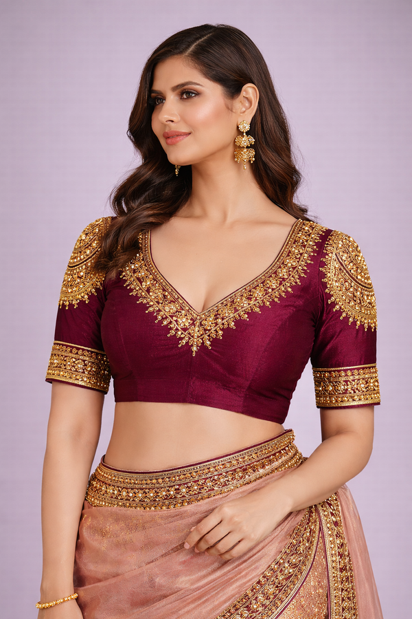 Blush Pink & Maroon Gold Embroidered Silk Saree with Designer Blouse