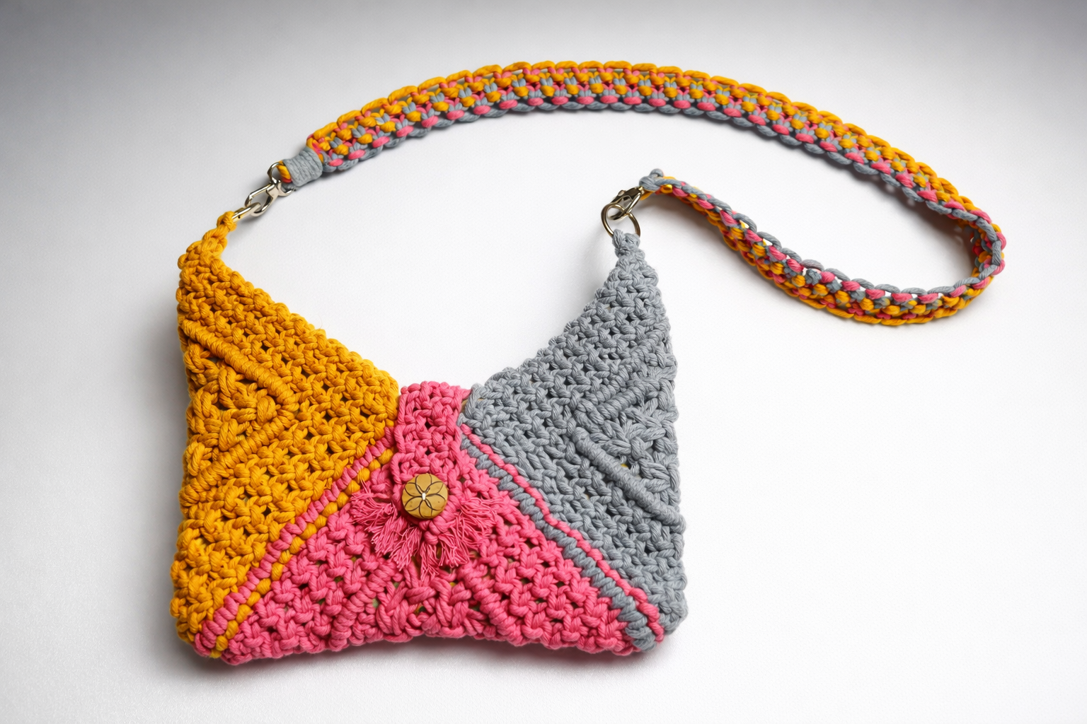 Handcrafted Color Block Crochet Crossbody - Mustard, Pink & Grey