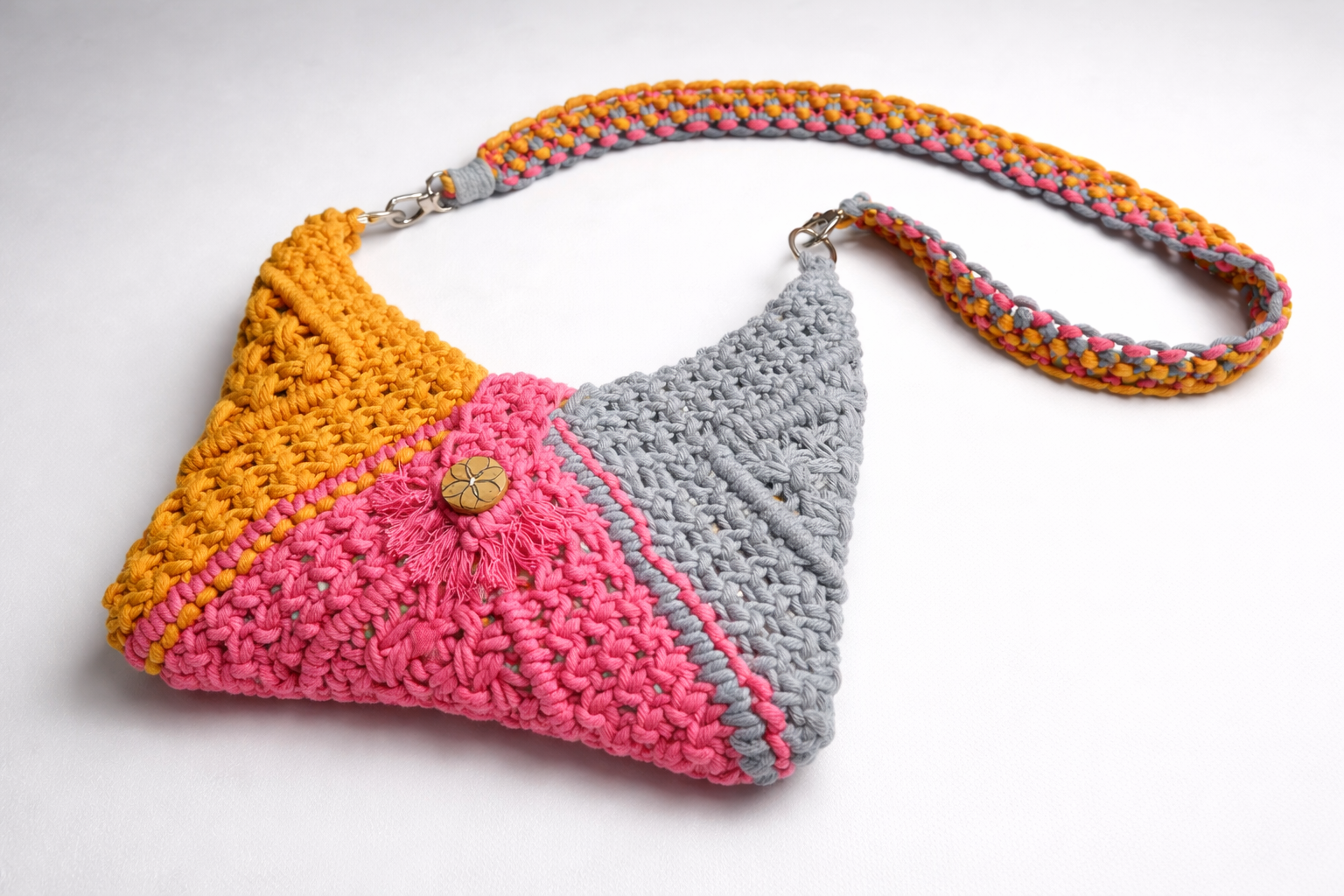 Handcrafted Color Block Crochet Crossbody - Mustard, Pink & Grey