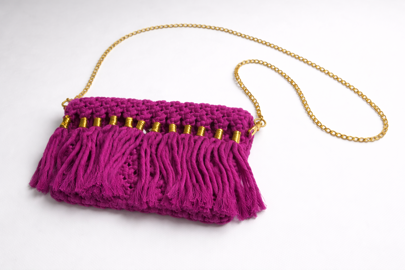 Handcrafted Crochet Evening Clutch with Gold Chain - Magenta