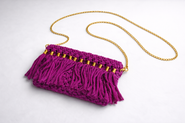 Handcrafted Crochet Evening Clutch with Gold Chain - Magenta