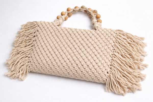 Handcrafted Macramé Handbag with Wooden Bead Handles & Fringe - Natural