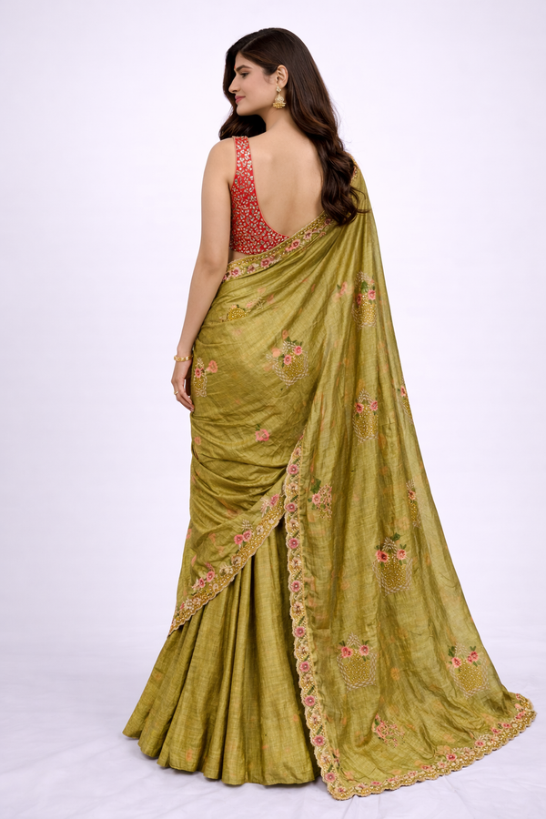 Olive Green & Pink Embroidered Silk Saree with Red Blouse