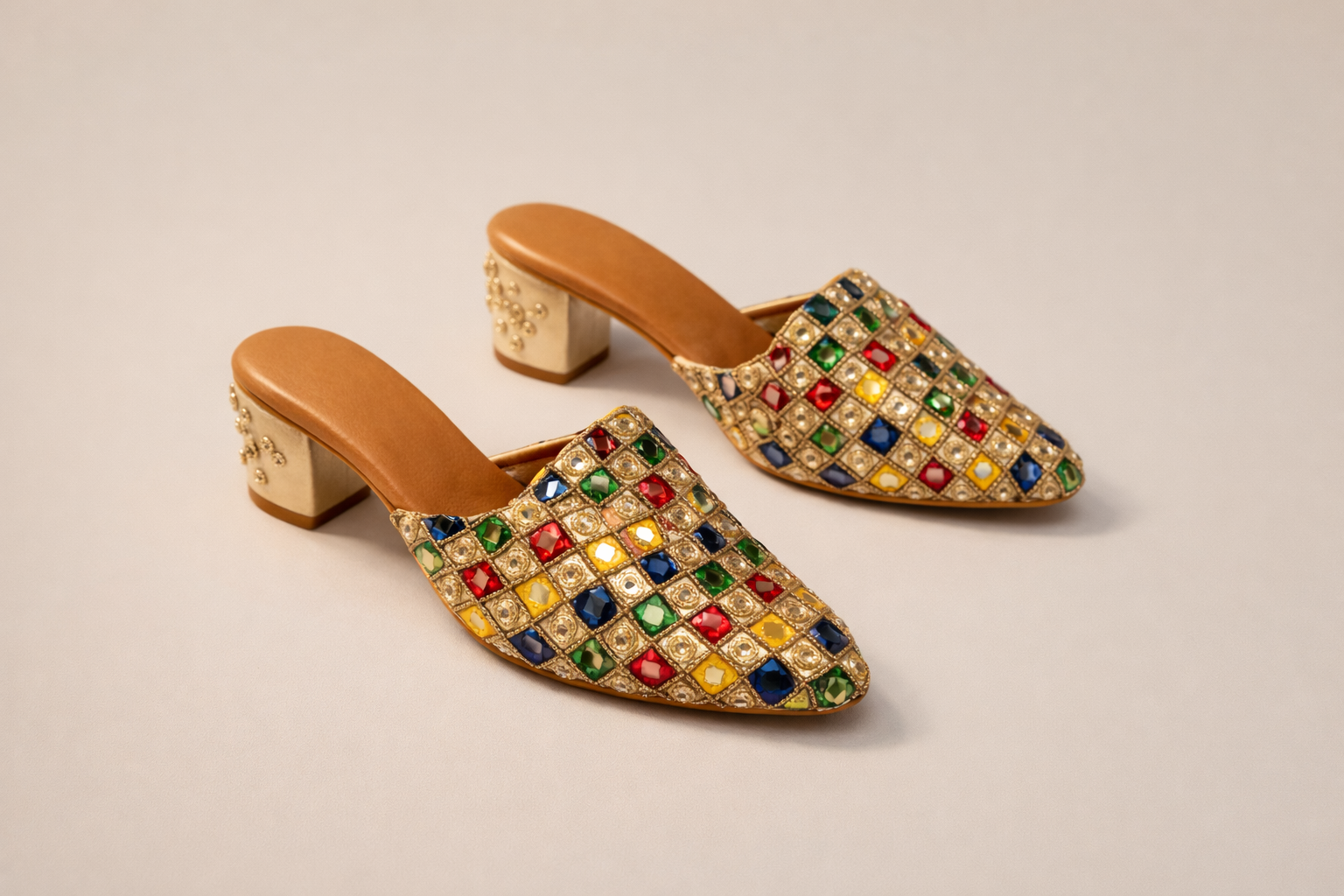 Multicolor Jewel Mosaic Block Heel Mules