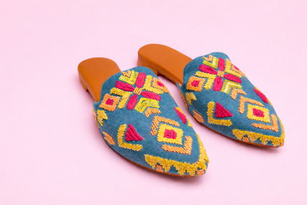 Turquoise Geometric Embroidered Flat Mules