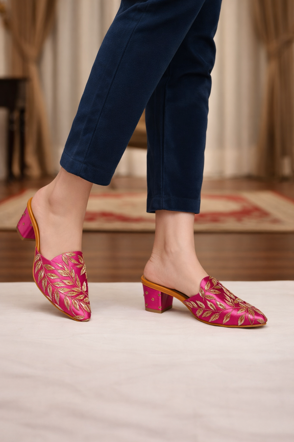 Fuchsia Leaf Embroidered Block Heel Mules