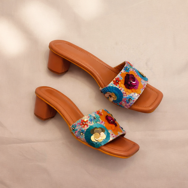 Floral Sequin Embellished Block Heel Sandals - Tan