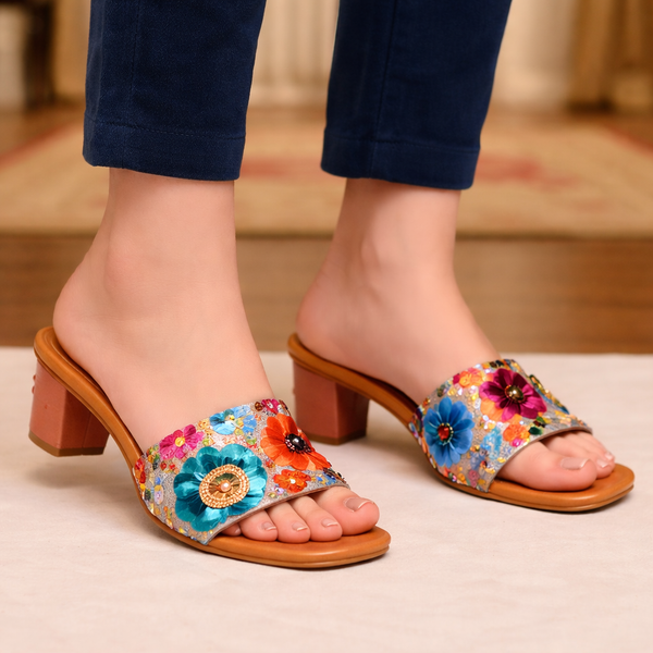 Floral Sequin Embellished Block Heel Sandals - Tan