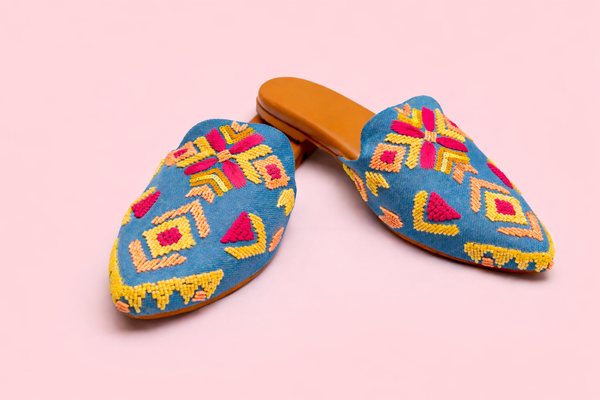 Turquoise Geometric Embroidered Flat Mules