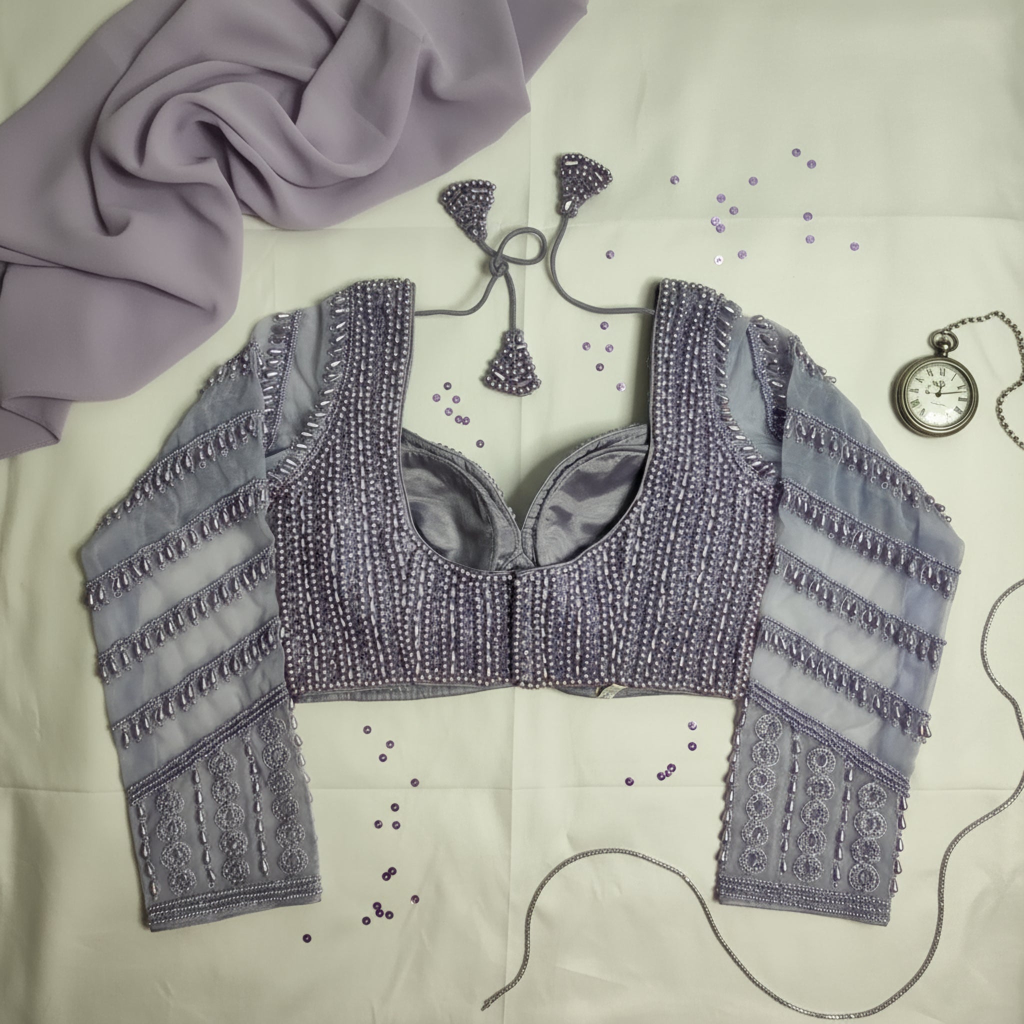 Hand-Embroidered Georgette Blouse – Purple