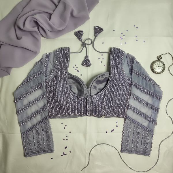 Hand-Embroidered Georgette Blouse – Purple