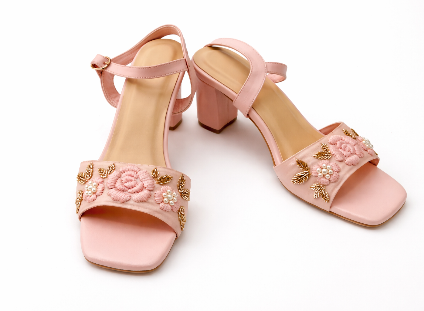 Gulabi Hand-Embroidered Pastel Pink Designer Block Heels
